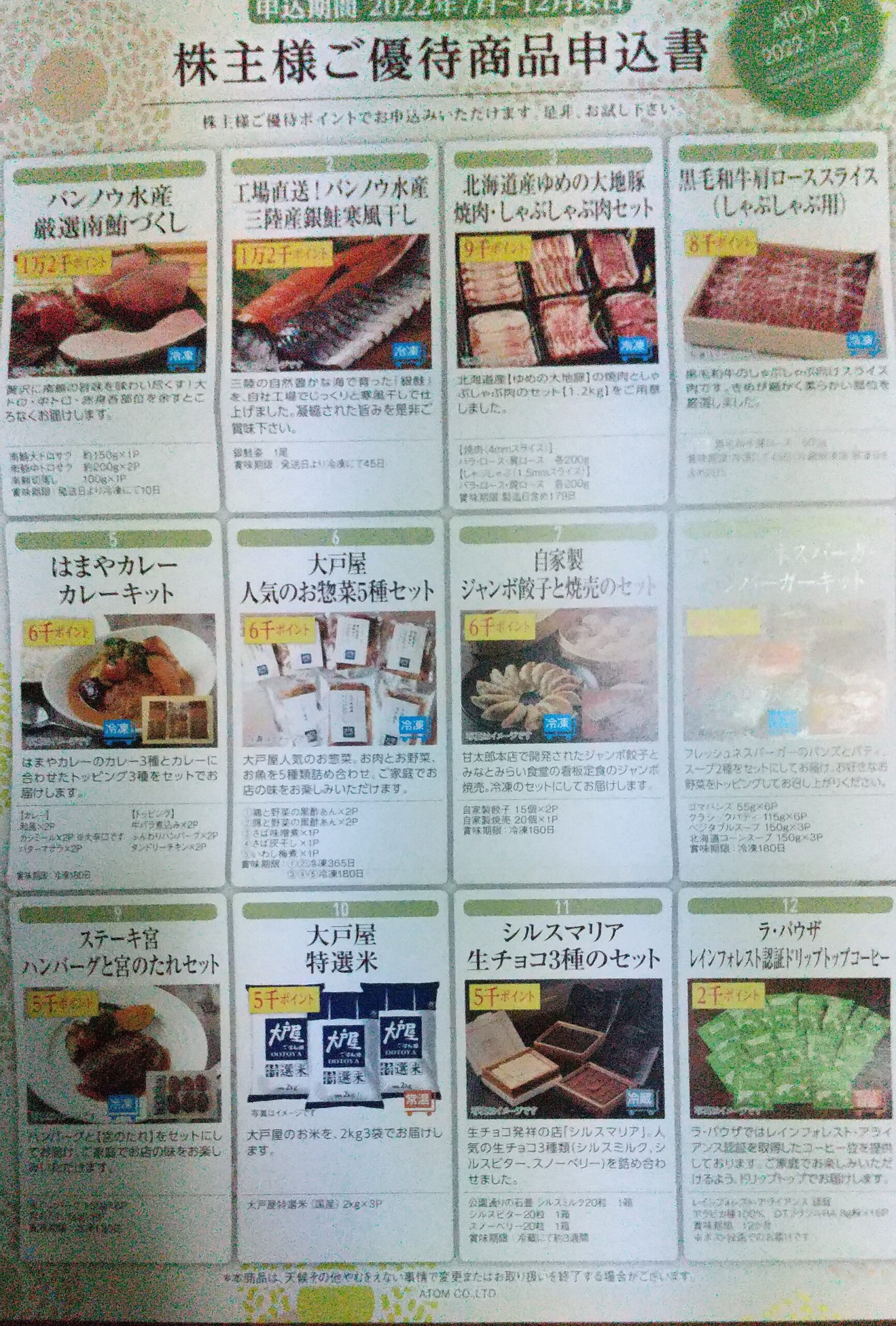 2022年3月分のアトムの株主優待のギフトカタログとポイントが入りました | 雪つんブログ